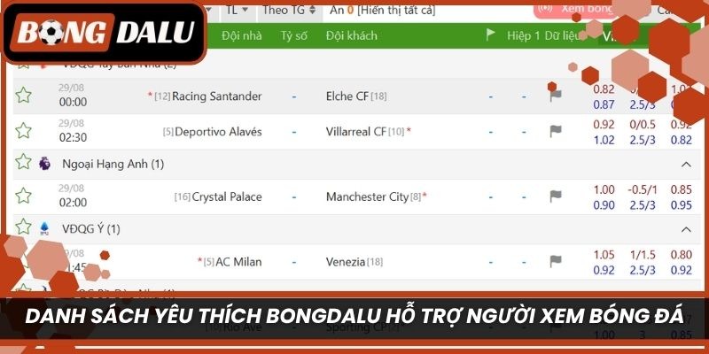 Danh sách yêu thích Bongdalu hỗ trợ người xem bóng đá